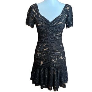 Jonathan Simkhai Metallic Lace Mini Dress 6 Black Ruffle Ruched Macrame Cocktail